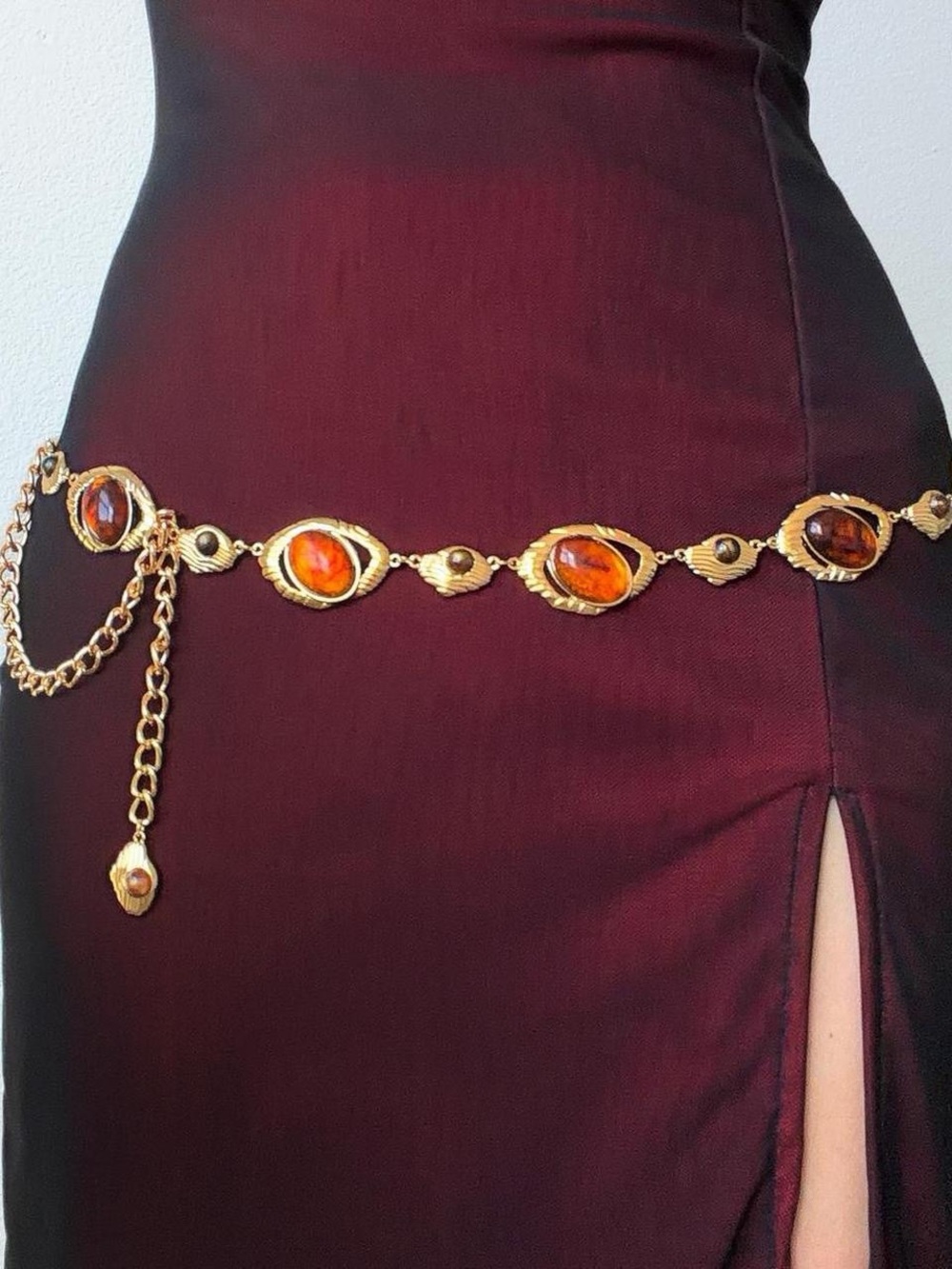 Gold-Tone Amber Stone Chain Belt - Women Accessories